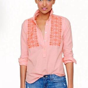 J. Crew Pink Button Down Shirt with Embroidery. Neon pink/coral/salmon